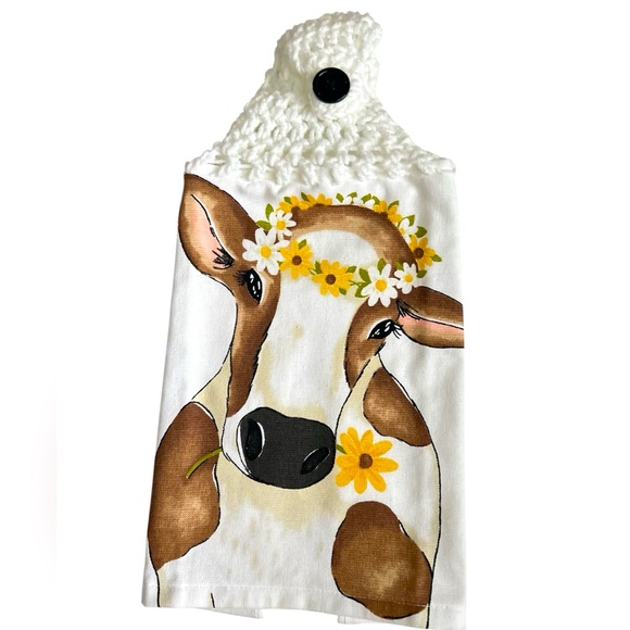 Hand Crafted Colorful Cow Print Hanging Hand Towel Crochet Top Button Closure - Picture 3 of 7